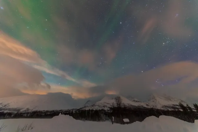 Northern lights in the Lyngenfjord Alps at the seventieth latitude