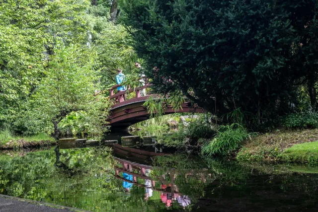 Red bridges over clear waters.